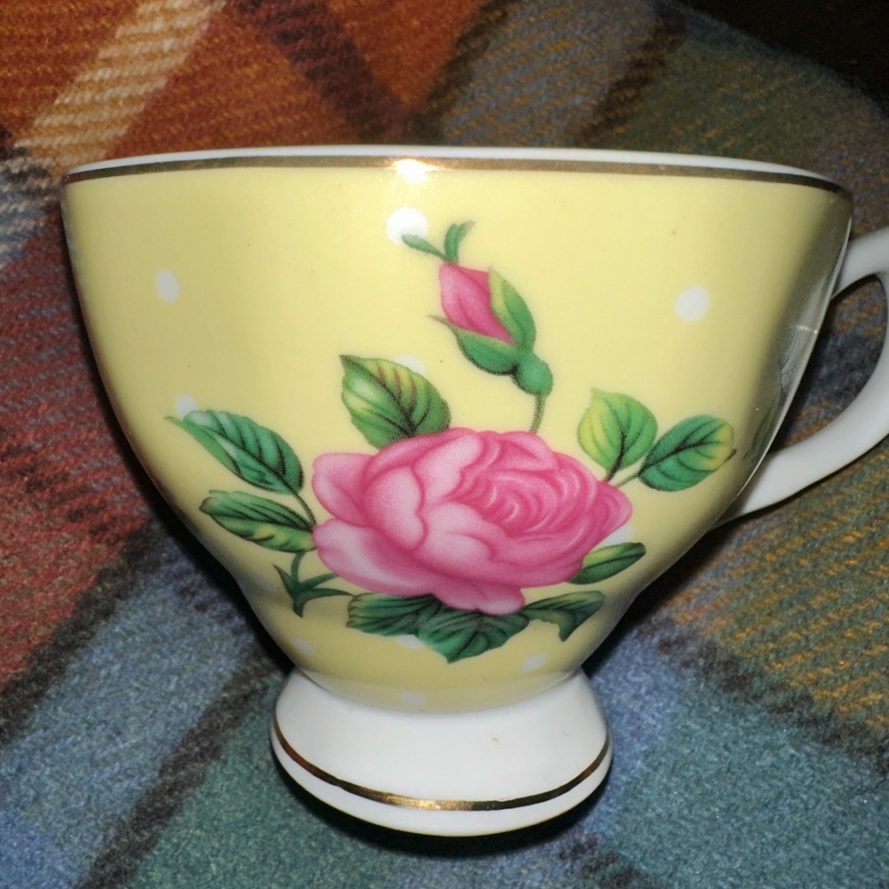 Yellow Floral Teacup & Saucer with Pink Rose Design